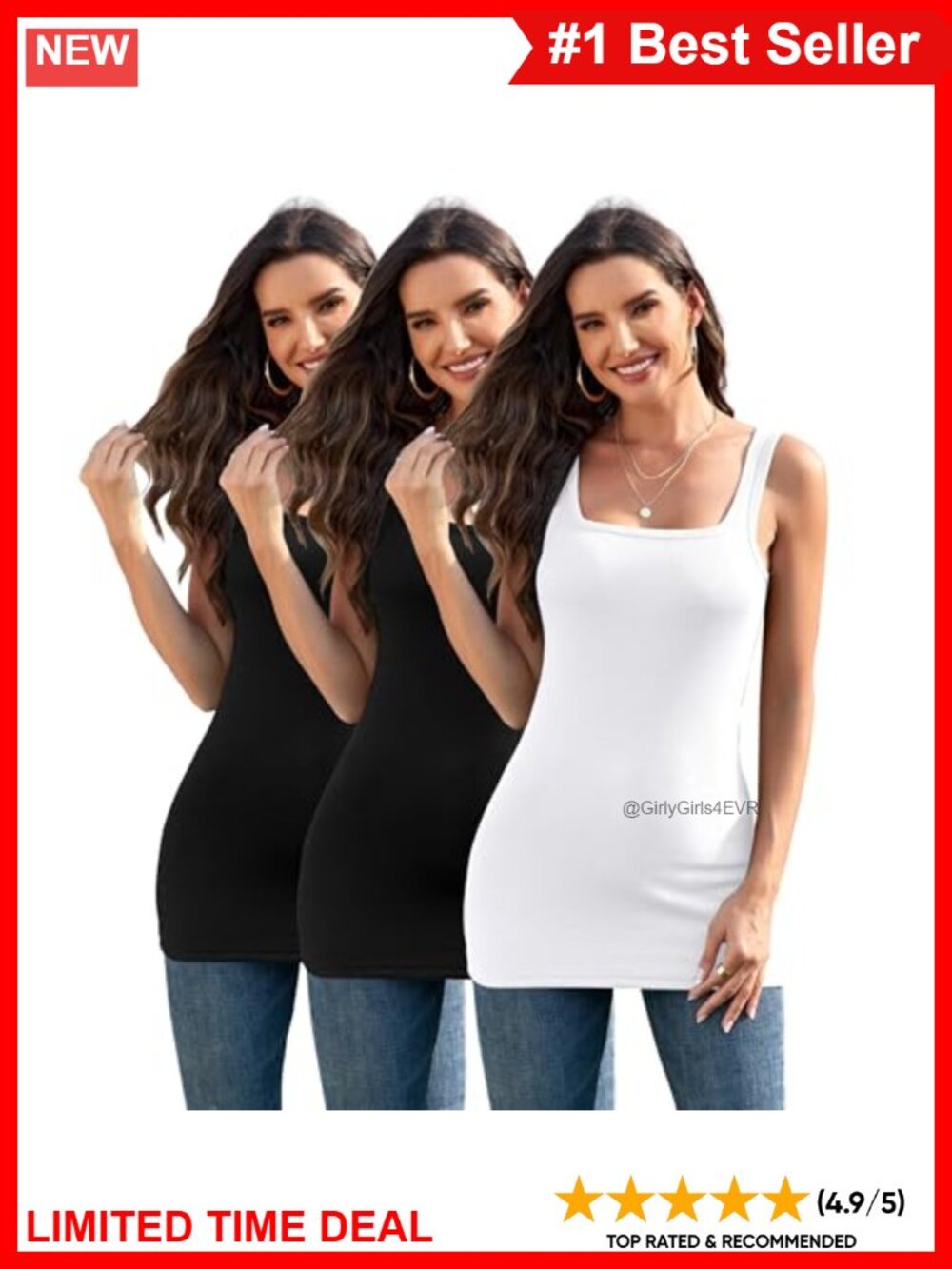 Ribbed Square Neck Long Tank Top Women Slim Fit Layering Camisole 3 Pack